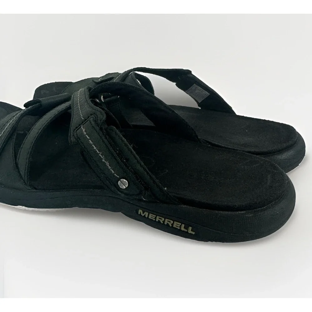 Merrell Womens 10 Black Leather Sport Sandals Adjustable Strap Comfort Walking
